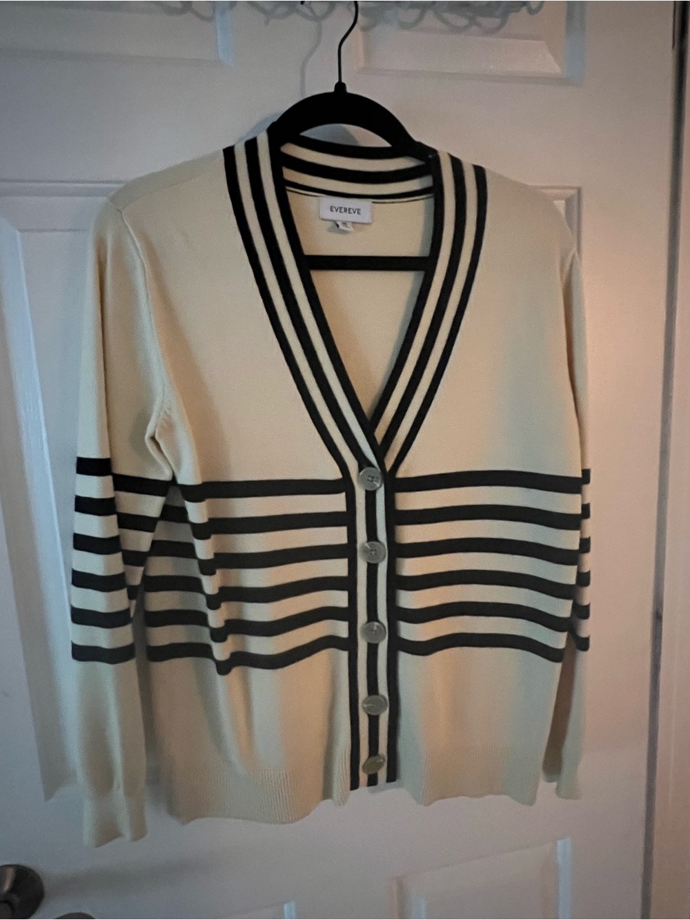 Evereve Cream Cardigan with Black Striped Trim